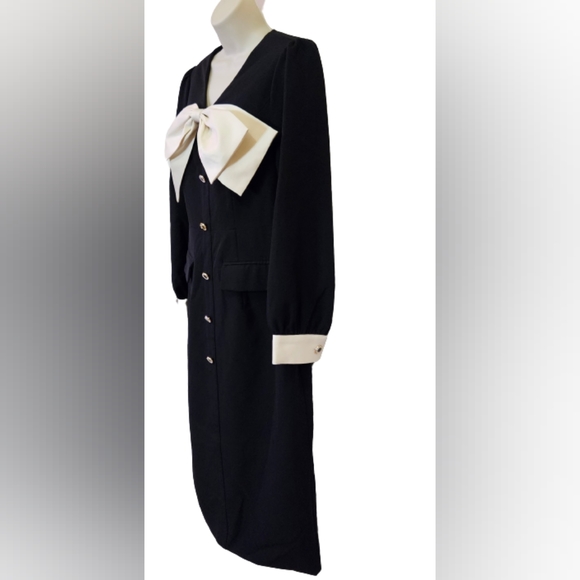 Magic Boutique Black/Cream Front Button Dress w/Trim Bow at Chest,Medium,NWT - Picture 4 of 16